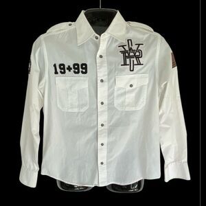 Rocawear Y2K Button Down Shirt Mens M White Patch Logo Long Sleeve Streetwear